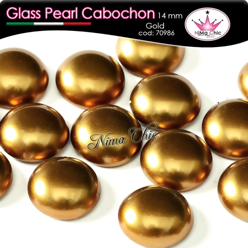 4 pz CABOCHON PEARL GLASS 14mm Gold